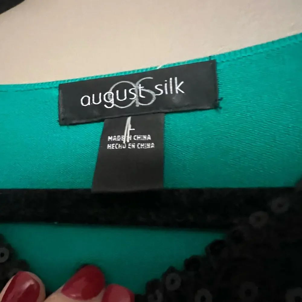 August Silk Women's Green Knit Sweater, Black Sequin Collar & 3/4 Sleeves, Large - Picture 10 of 12